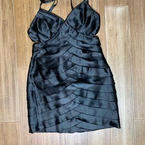 Black satin tiered cocktail dress